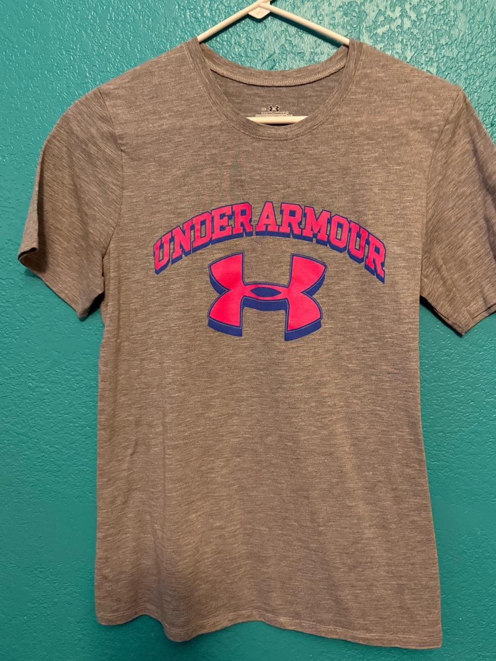 Under Armour Gray Tee with Pink and Blue Logo Arch